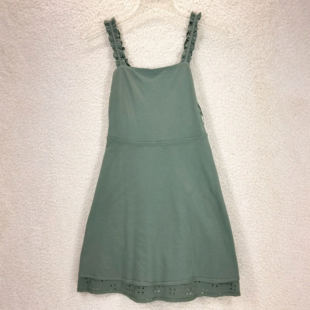 Hollister Eyelet Mini Dress Green XS Square Neck Ruffled Shoulder Straps Summer - Picture 3 of 10